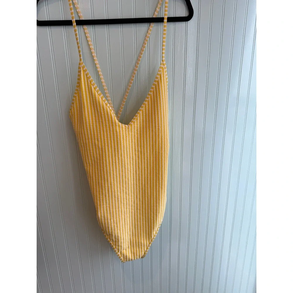 NWT Abercrombie & Fitch Yellow Seersucker Lace Up Cheeky‎ Swimsuit  Sunkissed